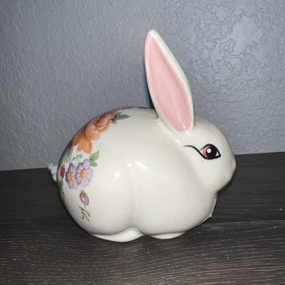 Georgewood Creation CA Ceramic Bunny Rabbit Floral Cotton Ball Dispenser Cottage - Picture 2 of 7